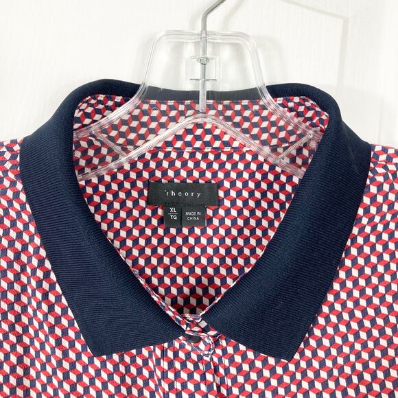 THEORY Button Shirt Women XL Silk Multi-Red Geo-Print Pocket Long-Slv “Rogene” - Picture 7 of 13